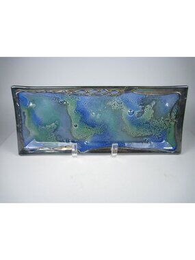 Fused Glass Dish Tray Bubble Blistered Vintage Modernist Rectangular SilverPlate